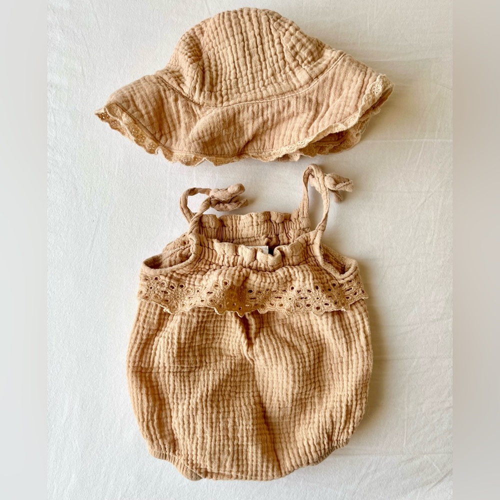 Nicole Miller Tan Kids Hat and Romper Set